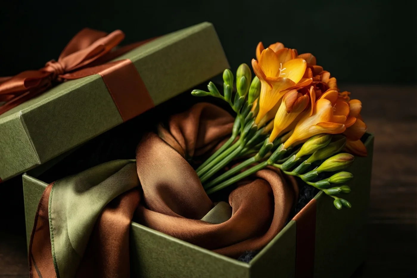 Een open groene geschenkdoos bevat een bruine zijden sjaal en een boeket oranje fresia's tegen een donkere achtergrond.