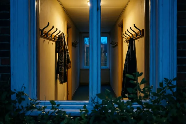 Door een raam met een blauw kozijn is een schaars verlichte gang met kapstokhaken en links een sjaal te zien, met bladeren op de voorgrond.
