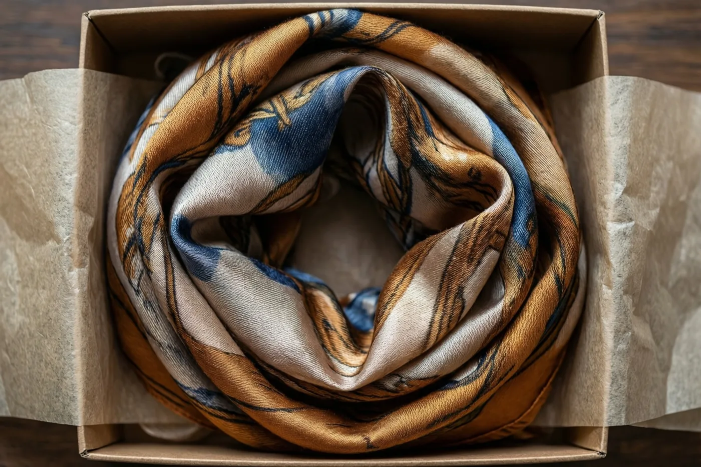 Een zijden sjaal met een patroon in blauw, goud en crème ligt opgerold in een open kartonnen geschenkdoos met bruin vloeipapier op donker hout.