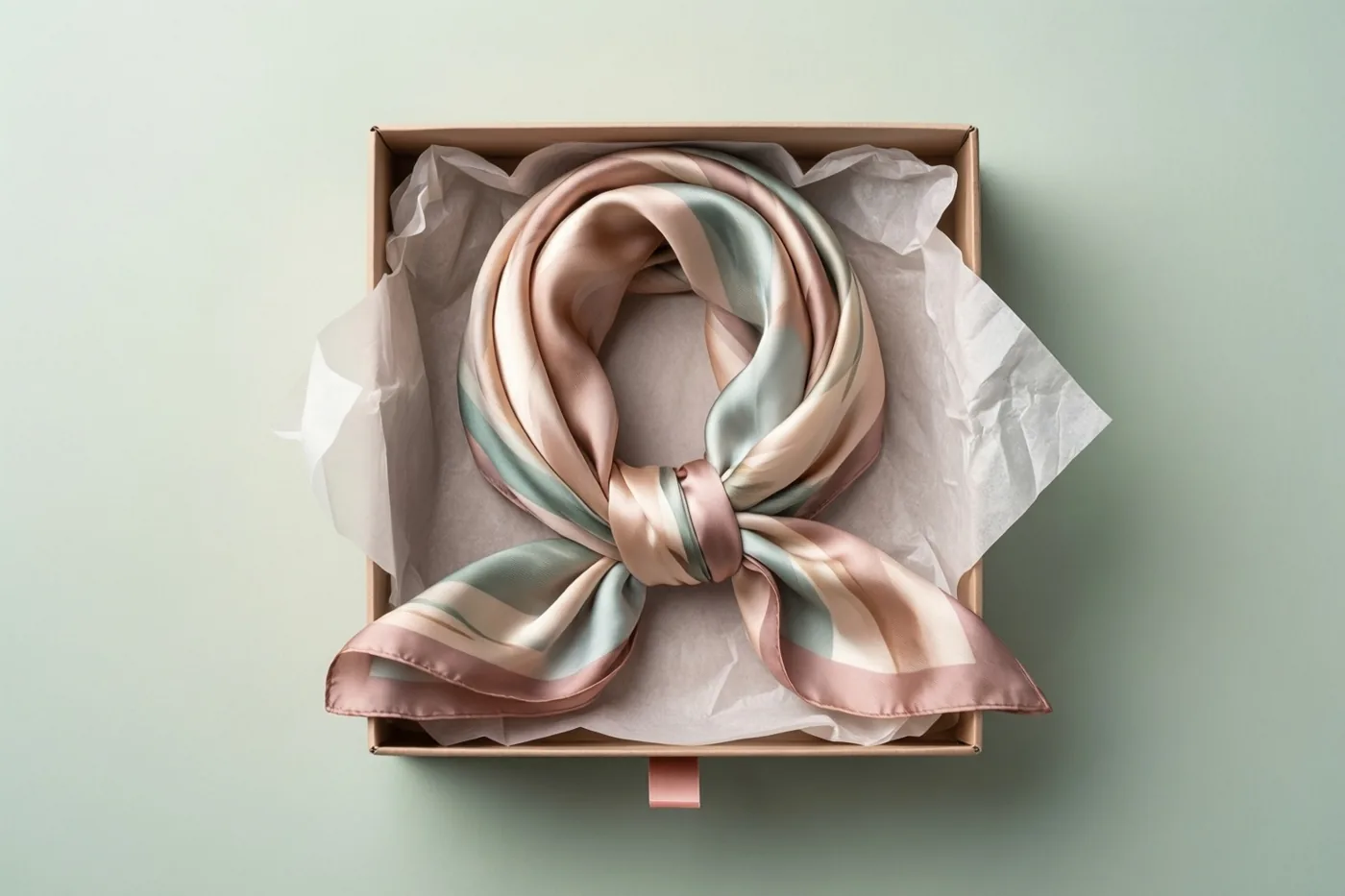 Een zijden sjaal met pastelstrepen ligt in een open geschenkdoos met vloeipapier tegen een zacht mintgroene achtergrond.
