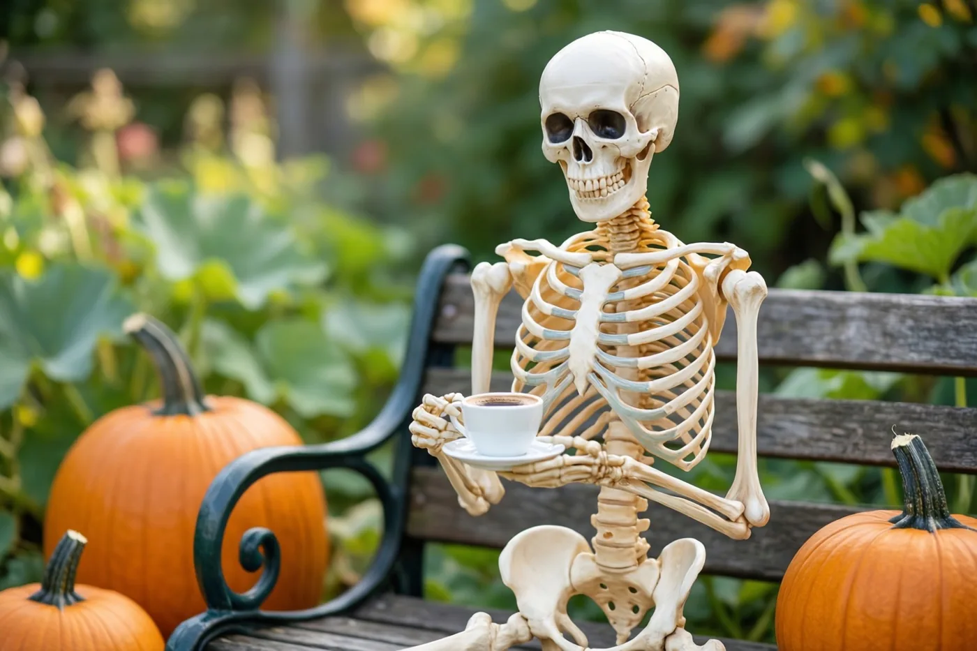 Een plastic skelet zit met een kop koffie op een houten tuinbank tussen pompoenen in een tuin met oranje, groene en beige tinten.