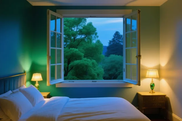 Door het open raam van een slaapkamer zijn groene bomen tegen een schemerlucht te zien, terwijl twee bedlampjes warm licht op het bed en de muren werpen.