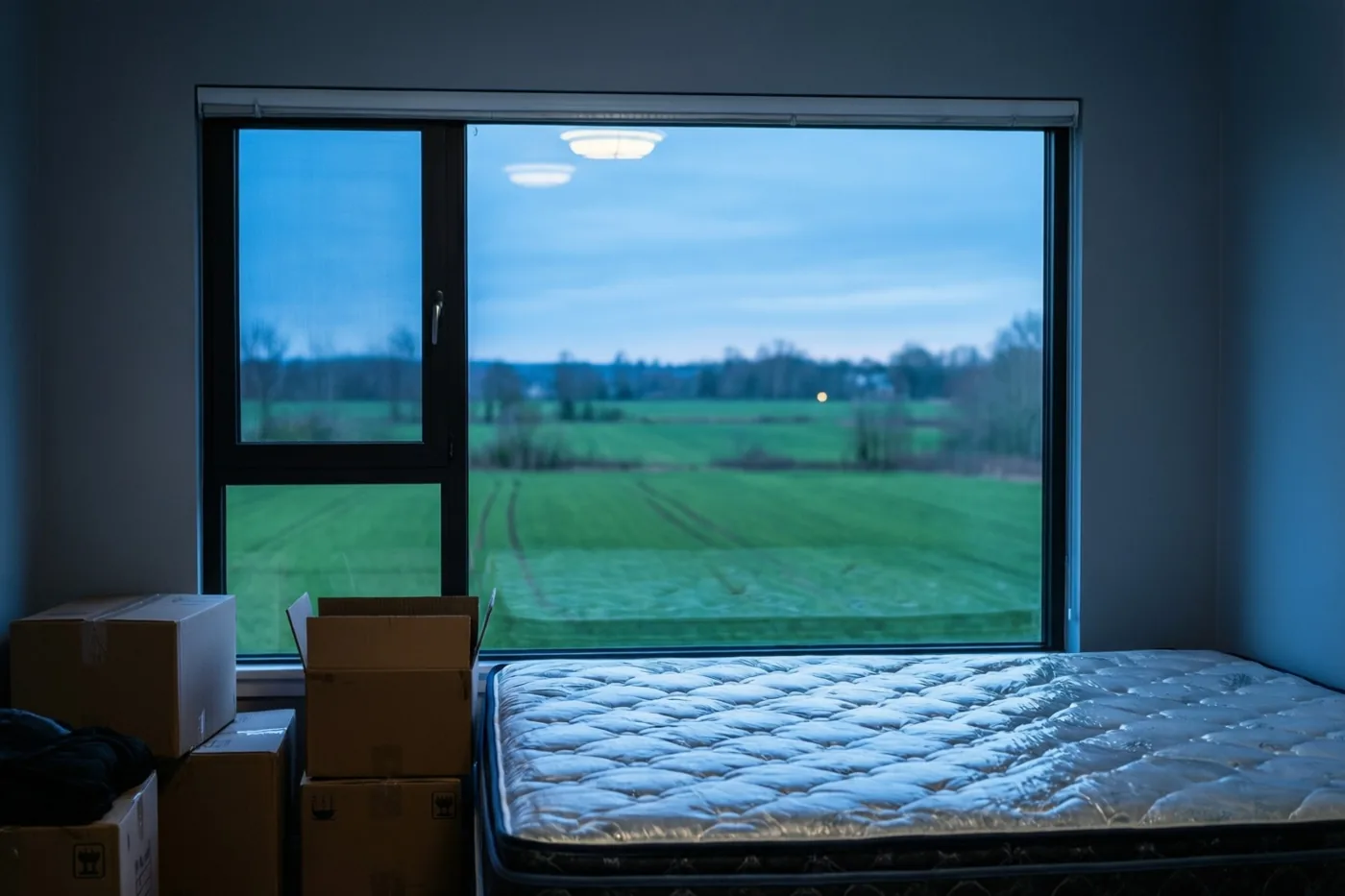 Een matras en kartonnen verhuisdozen liggen voor het raam van een kale slaapkamer, met uitzicht op groene velden onder een schemerblauwe lucht.