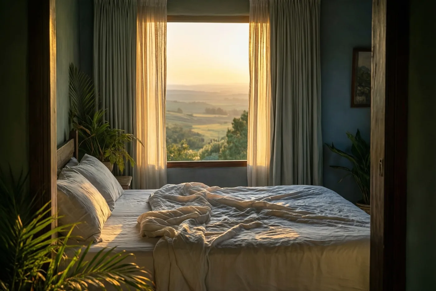 Een bed met verkreukeld wit linnen staat in een slaapkamer met blauwe muren, groene planten en uitzicht op een vallei, terwijl gouden ochtendlicht door doorschijnende gordijnen valt.
