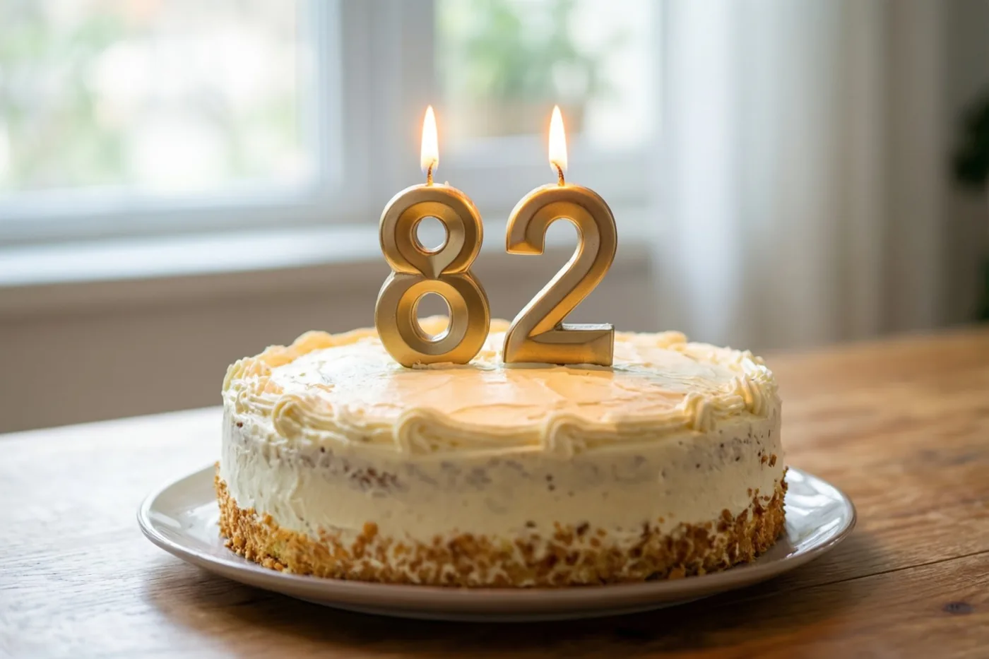 Een zelfgemaakte slagroomtaart met brandende cijferkaarsen in de vorm van 82 staat op een houten tafel in warm kaarslicht.