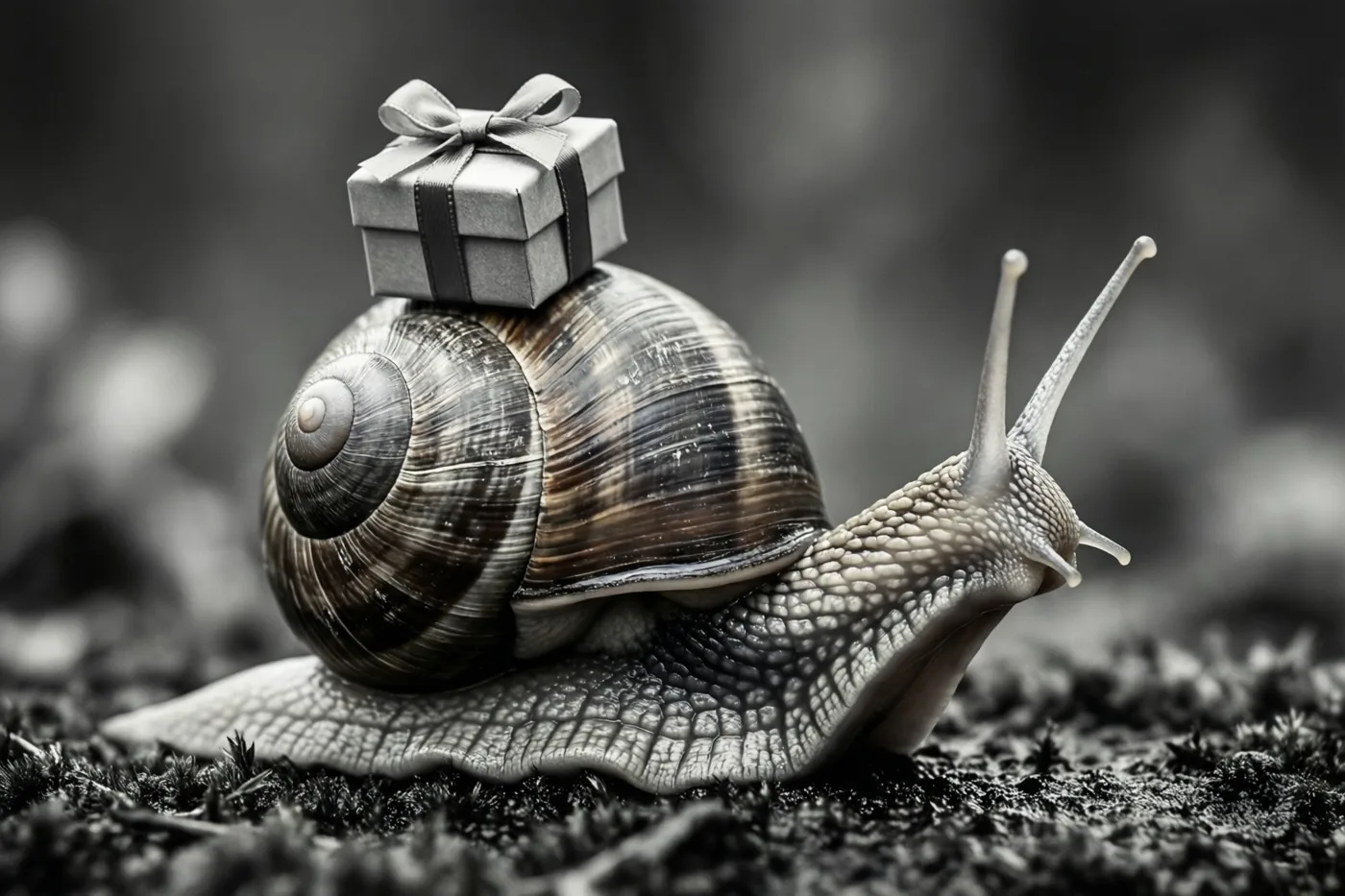 Een slak kruipt over donkere aarde met een cadeaudoosje met strik op haar huisje, op een foto in zwart-wit.