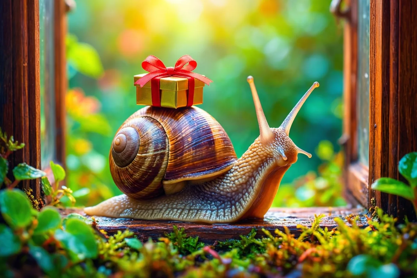 Een slak met een bruin-oranje huisje kruipt op een houten vensterbank met een gouden cadeaudoosje met rode strik op haar rug, voor een wazige zonnige tuin.
