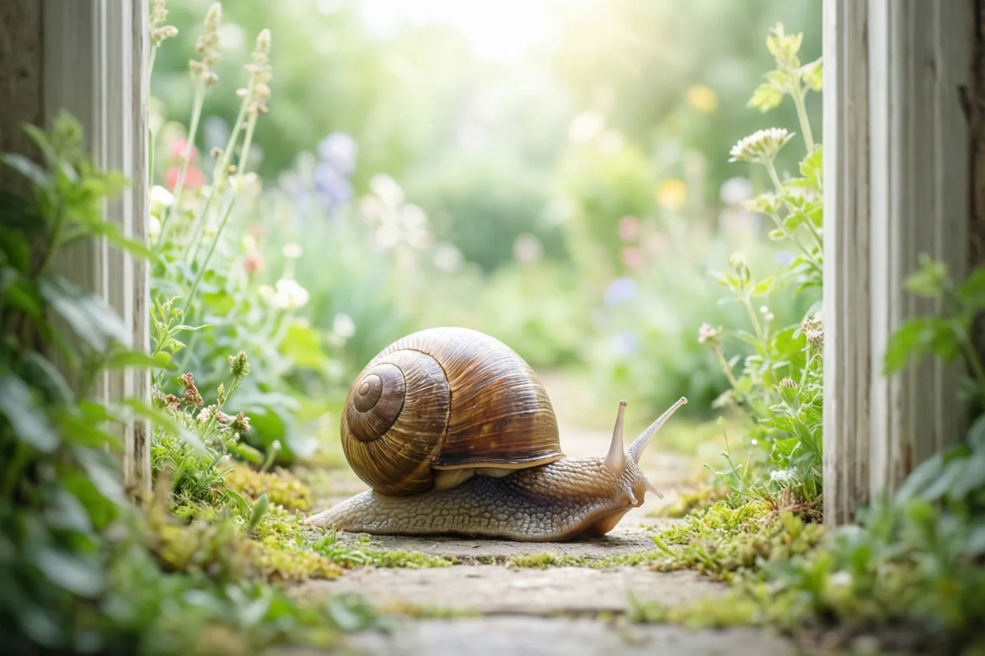 Een grote slak met een bruin spiraalhuisje kruipt over een mossig tuinpad tussen houten paaltjes en groen, met onscherpe bloemen op de achtergrond.