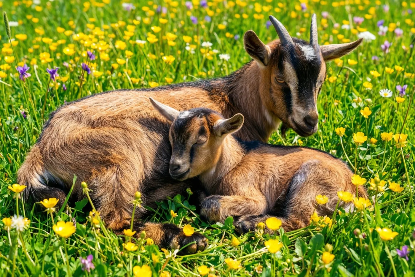 Een jong geitje ligt opgerold tegen zijn moeder te slapen in een zonnige weide met boterbloemen en andere wilde bloemen.