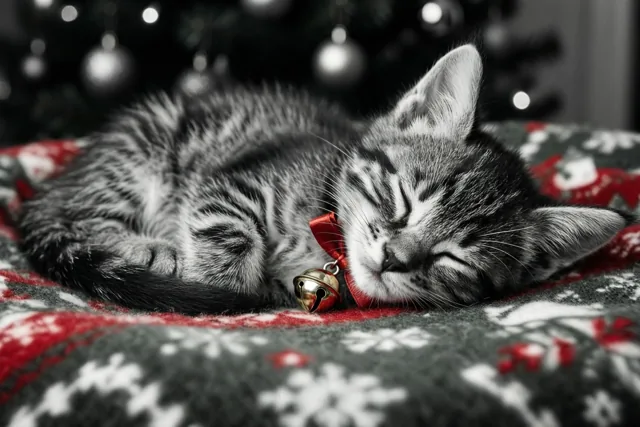 Kerst met een slaperig katje