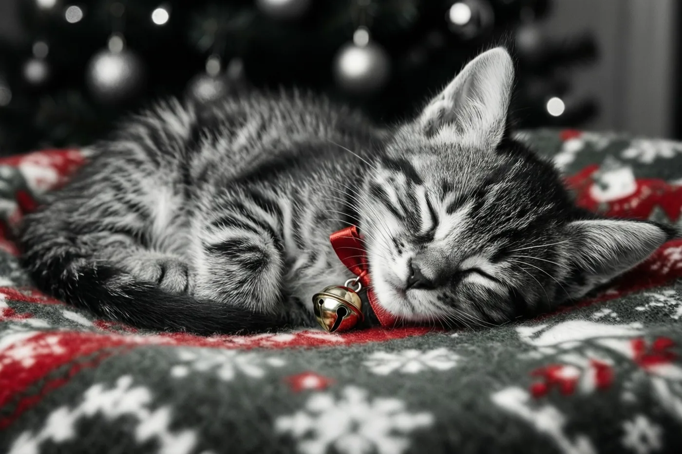 Een gestreept katje met een rode halsband en een belletje slaapt op een kerstdeken, met een onscherpe versierde kerstboom op de achtergrond.