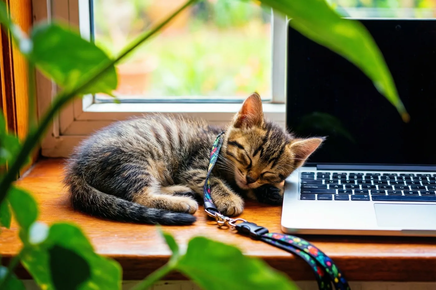 Een klein gestreept katje slaapt opgekruld op een houten vensterbank naast een zilverkleurige laptop, met groene bladeren voor en achter zich en daglicht door het raam.