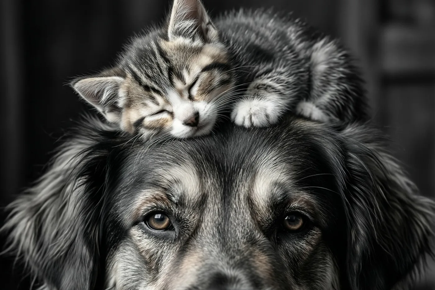 Een klein gestreept katje slaapt op de kop van een grote pluizige hond op een monochrome foto.