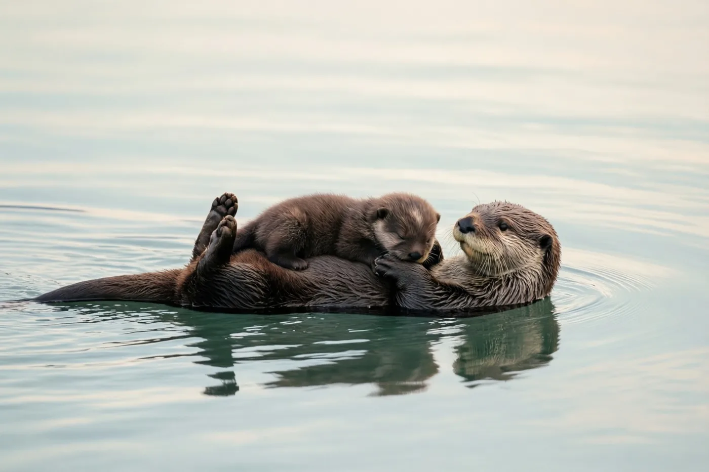 Een moederotter drijft op haar rug in kalm water met haar pluizige jong slapend op haar buik, in zachte bruine, grijze en blauwe tinten.