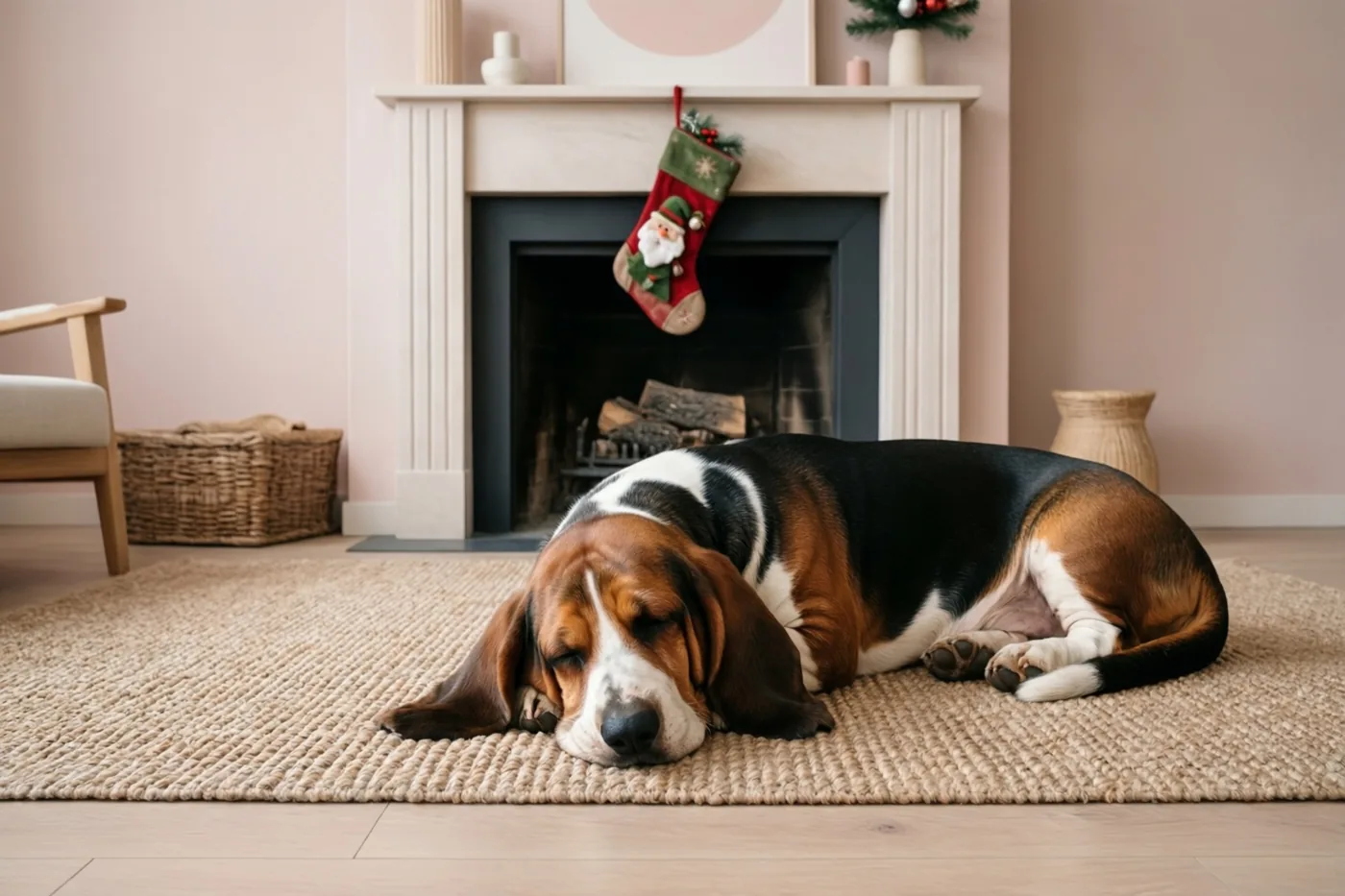 Een basset slaapt op een beige tapijt voor een haard in een zacht verlichte kamer met roze muren en kerstversiering, waaronder een kerstsok boven zijn kop.