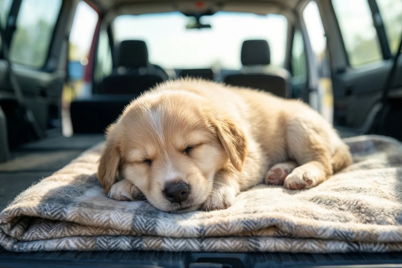 Een goldenretrieverpuppy slaapt op een opgevouwen deken met een patroon in de open achterkant van een bestelwagen in warm zonlicht.