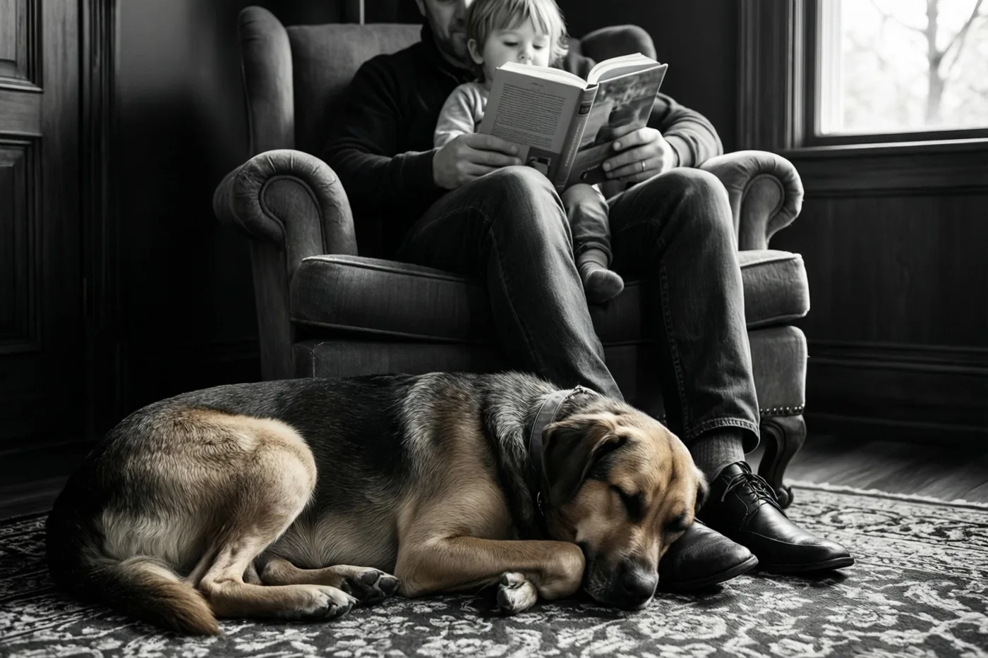 Een hond slaapt op een tapijt met patroon aan de voeten van een vader en kind in een fauteuil, met hun gezichten buiten beeld, in zwart-wit bij natuurlijk raamlicht.