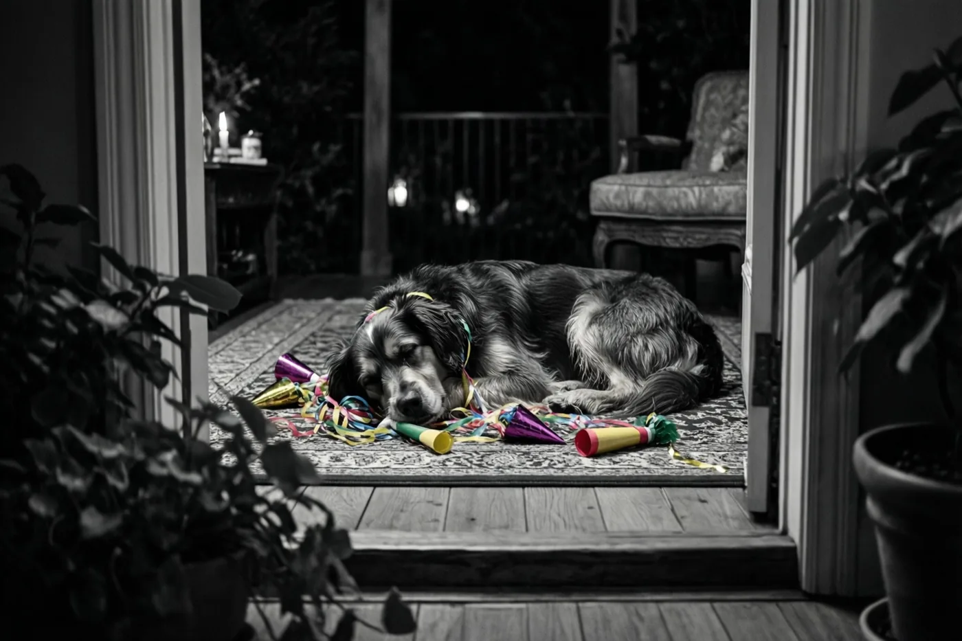 Een hond slaapt op een tapijt in een deuropening tussen kleurrijke slingers en feesttoeters, met op de achtergrond een terras bij kaarslicht in de nacht.