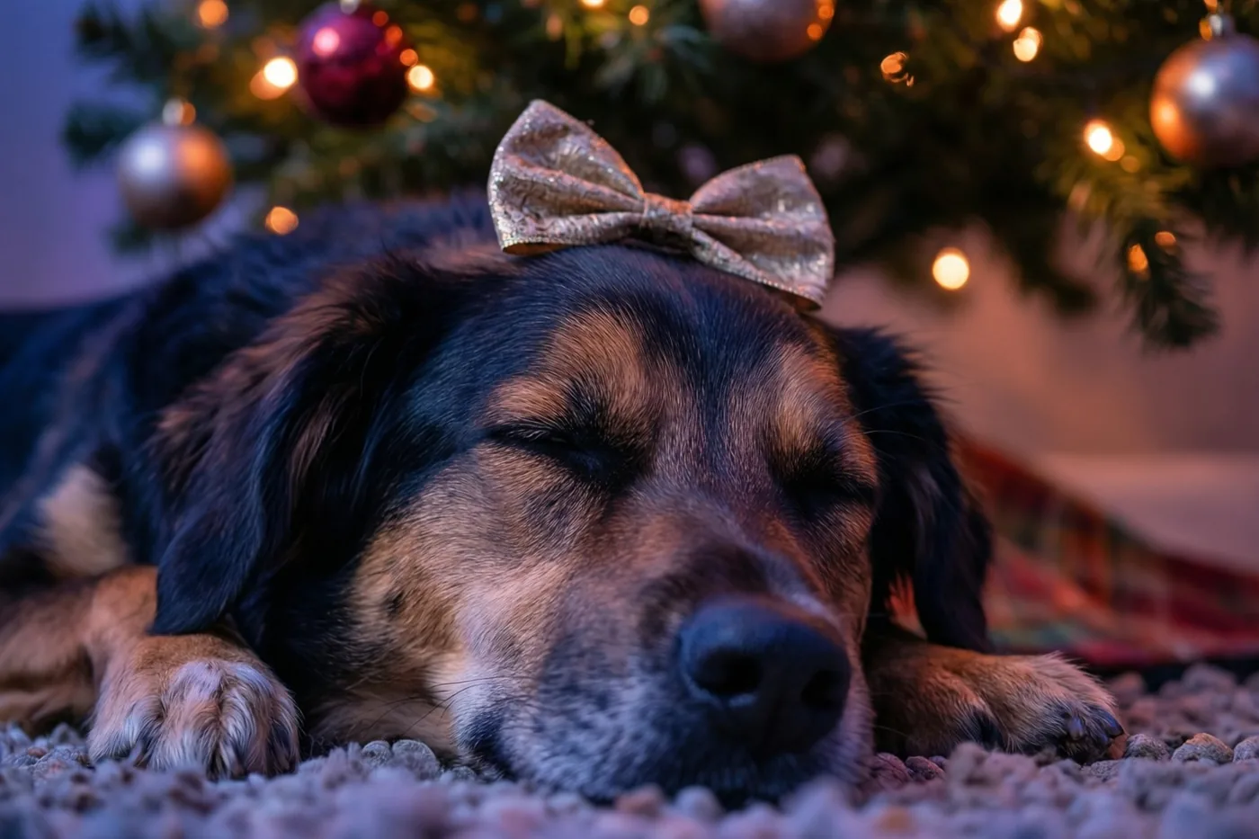 Een slapende hond met een glitterstrik op zijn kop ligt onder een versierde kerstboom met warme lichtjes.