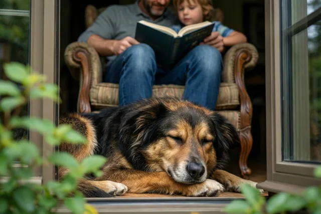 Papa, een boek en de hond