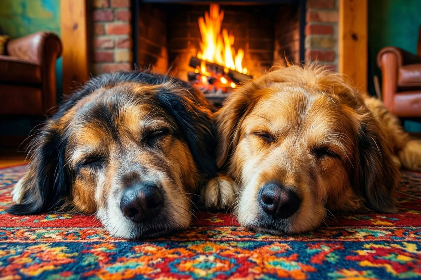 Twee honden liggen met gesloten ogen naast elkaar op een kleurrijk tapijt met patronen voor een brandende open haard.