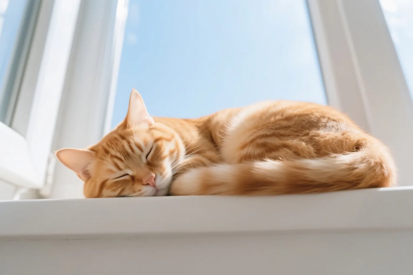 Een rosse kat ligt opgekruld te slapen op een witte vensterbank in de zon, met een helderblauwe lucht achter het raam.