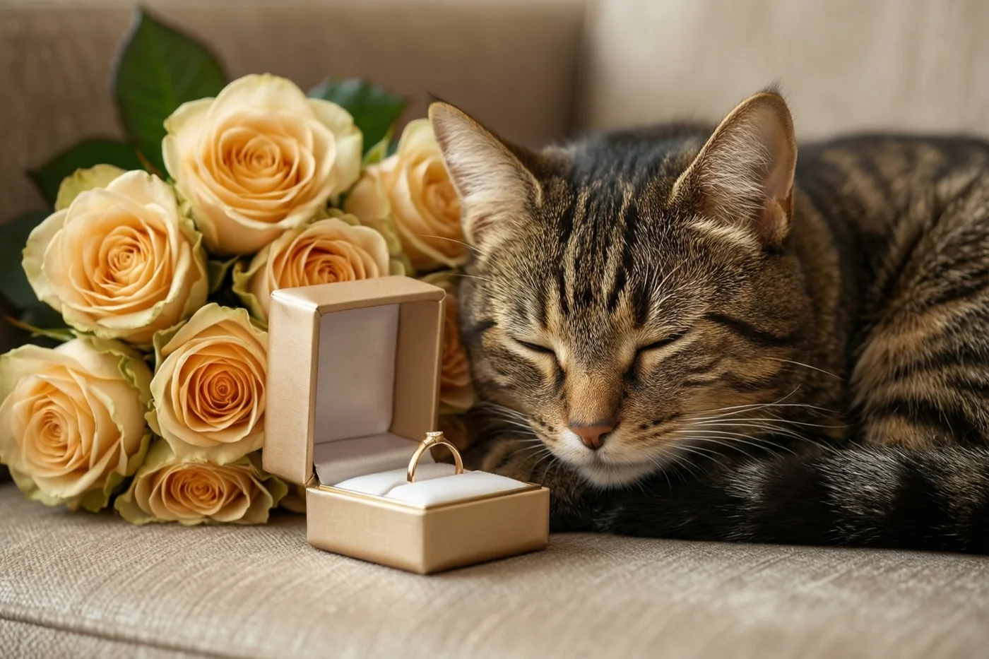Een gestreepte kat slaapt opgekruld op een beige zetel naast een open goudkleurig ringdoosje en een boeket perzikkleurige rozen.