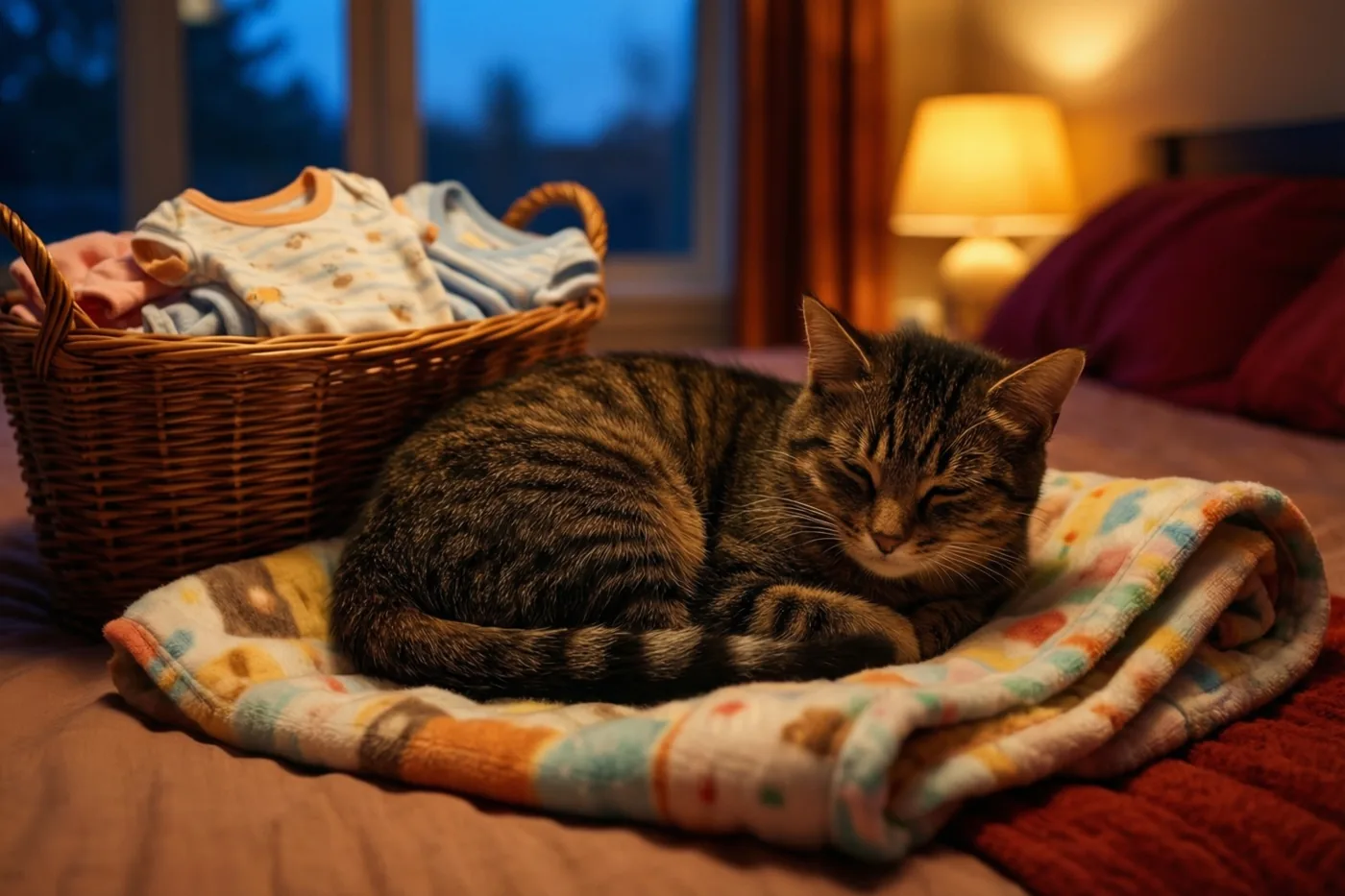 Een gestreepte kat slaapt op een opgevouwen kleurrijke babydeken op een bed, met een mand babykleertjes, een zacht brandende lamp en een raam met schemerlicht erachter.