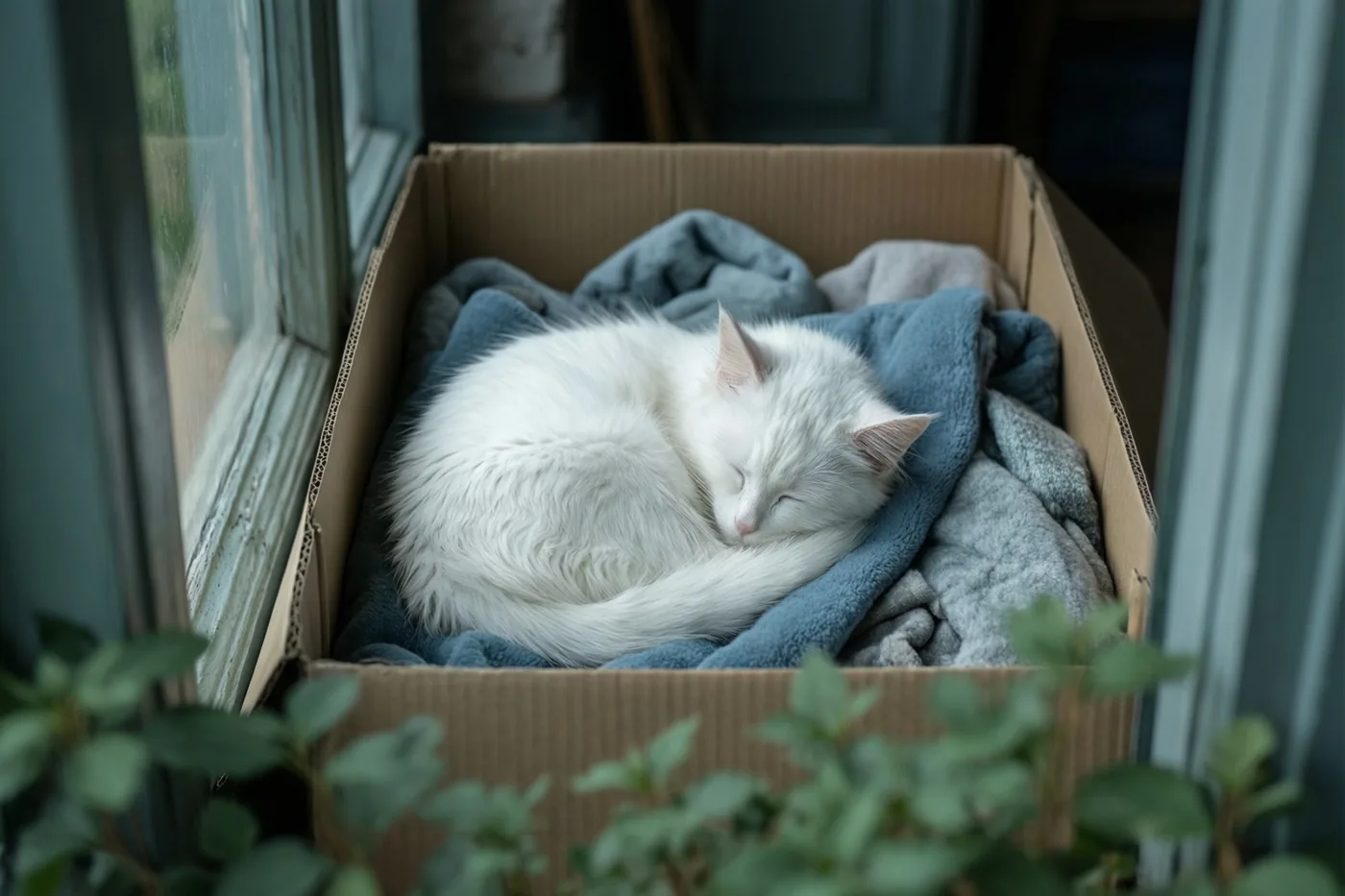 Een pluizige witte kat slaapt opgerold in een open verhuisdoos met opgevouwen dekens bij een raam, met groen gebladerte op de voorgrond.