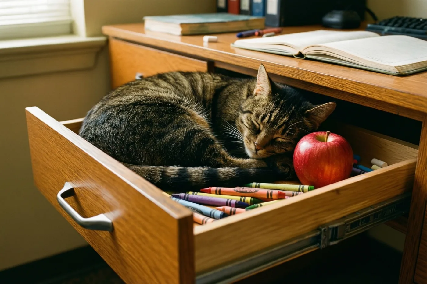 Een gestreepte kat slaapt opgekruld in een open houten bureaulade naast een rode appel en waskrijtjes, met open boeken op het bureau erboven.