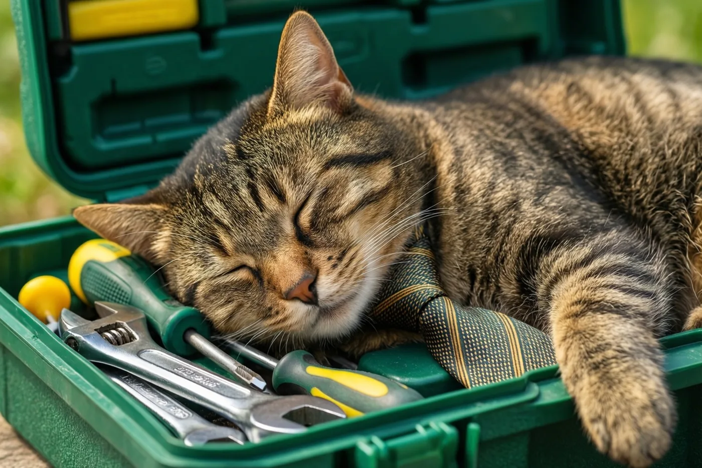 Een gestreepte kat slaapt buiten in een open groene gereedschapskist tussen steeksleutels en schroevendraaiers.