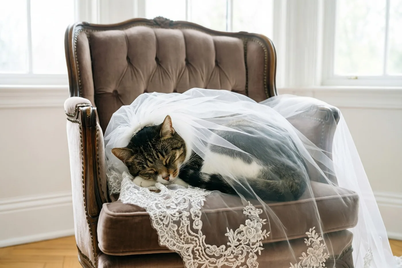 Een tijgerkat slaapt volledig verstrikt in een witte bruidssluier met kanten rand op een bruine fluwelen fauteuil bij een raam met zacht daglicht.