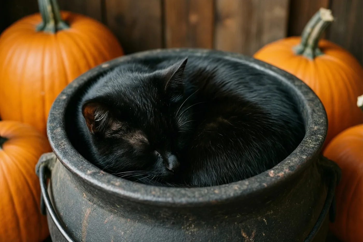 Een zwarte kat ligt opgerold te slapen in een donkere, verweerde ketel, omringd door oranje pompoenen tegen een houten achtergrond.