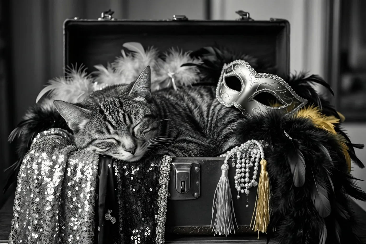 Een gestreepte kat slaapt in een open koffer met paillettenstoffen, verenboa’s en een versierd masker, op een zwart-witfoto.