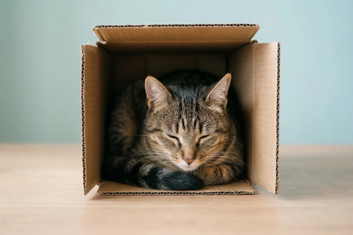 Een gestreepte kat slaapt opgekruld in een kleine kartonnen doos op een houten oppervlak, voor een lichtblauwe muur.