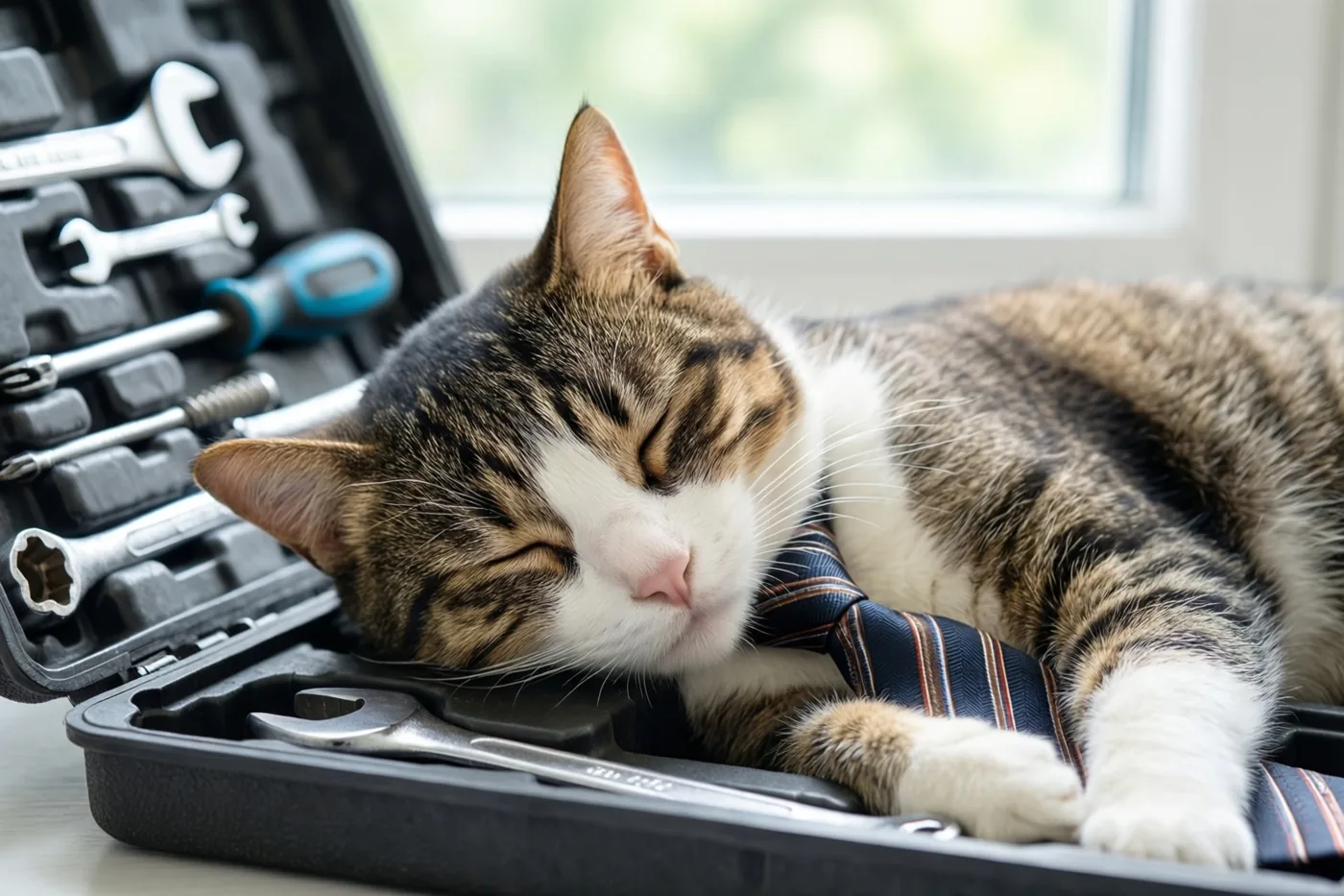 Een gestreepte kat met witte pootjes en een gestreepte das slaapt in een open zwarte gereedschapskist, met groen zichtbaar door het raam erachter.