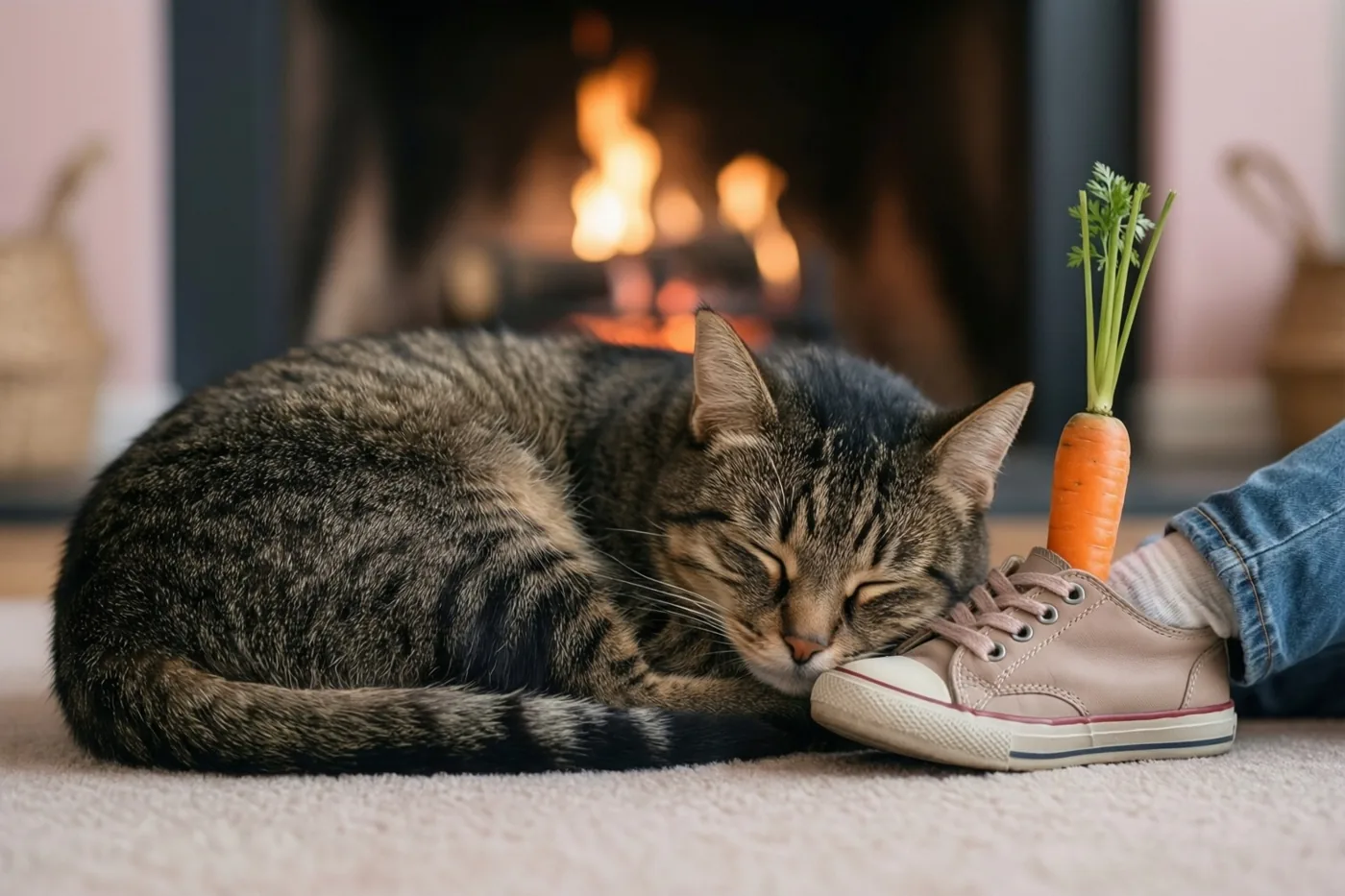 Een tijgerkat slaapt opgekruld op een tapijt naast een kindersportschoen met een wortel erin, voor een brandende haard in een kamer met zachtroze muren.