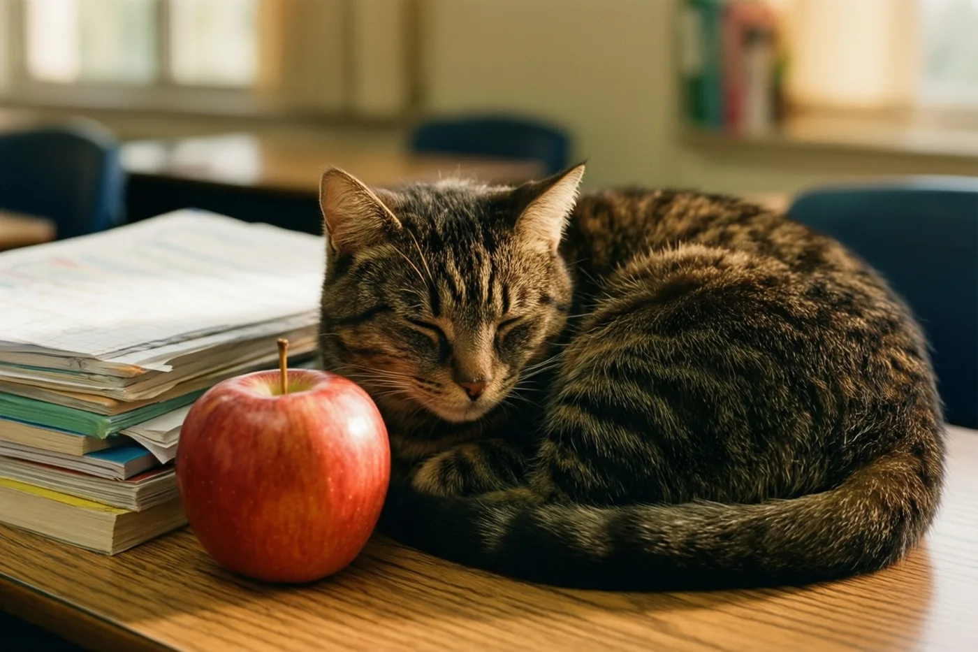 Een gestreepte kat slaapt opgerold op een houten bureau naast een rode appel en een stapel schriften in zacht, warm licht.