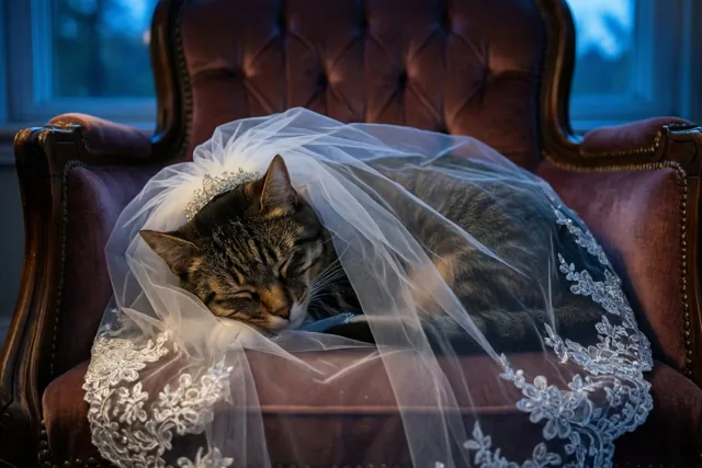 De kat leent de bruidssluier