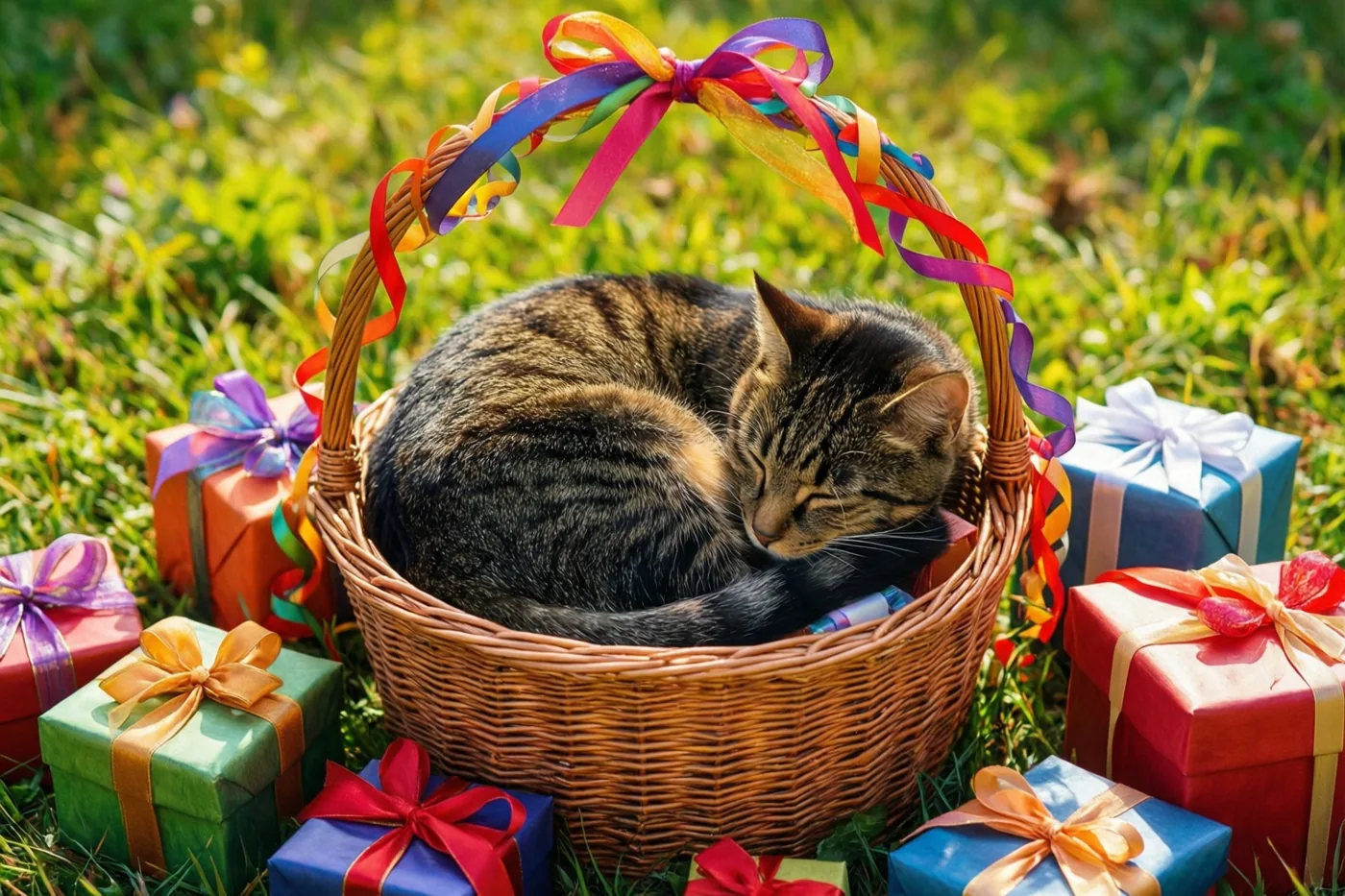 Een gestreepte kat slaapt opgerold in een rieten mand met kleurrijke linten, omringd door ingepakte cadeaus op een groen gazon.