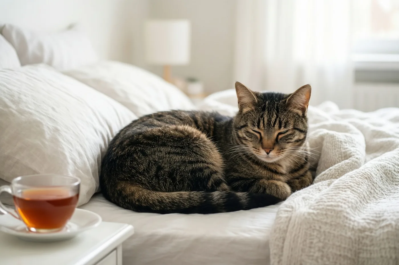 Een gestreepte kat slaapt opgekruld op een wit bed met een deken met reliëf, naast een wit nachtkastje met een kop thee.