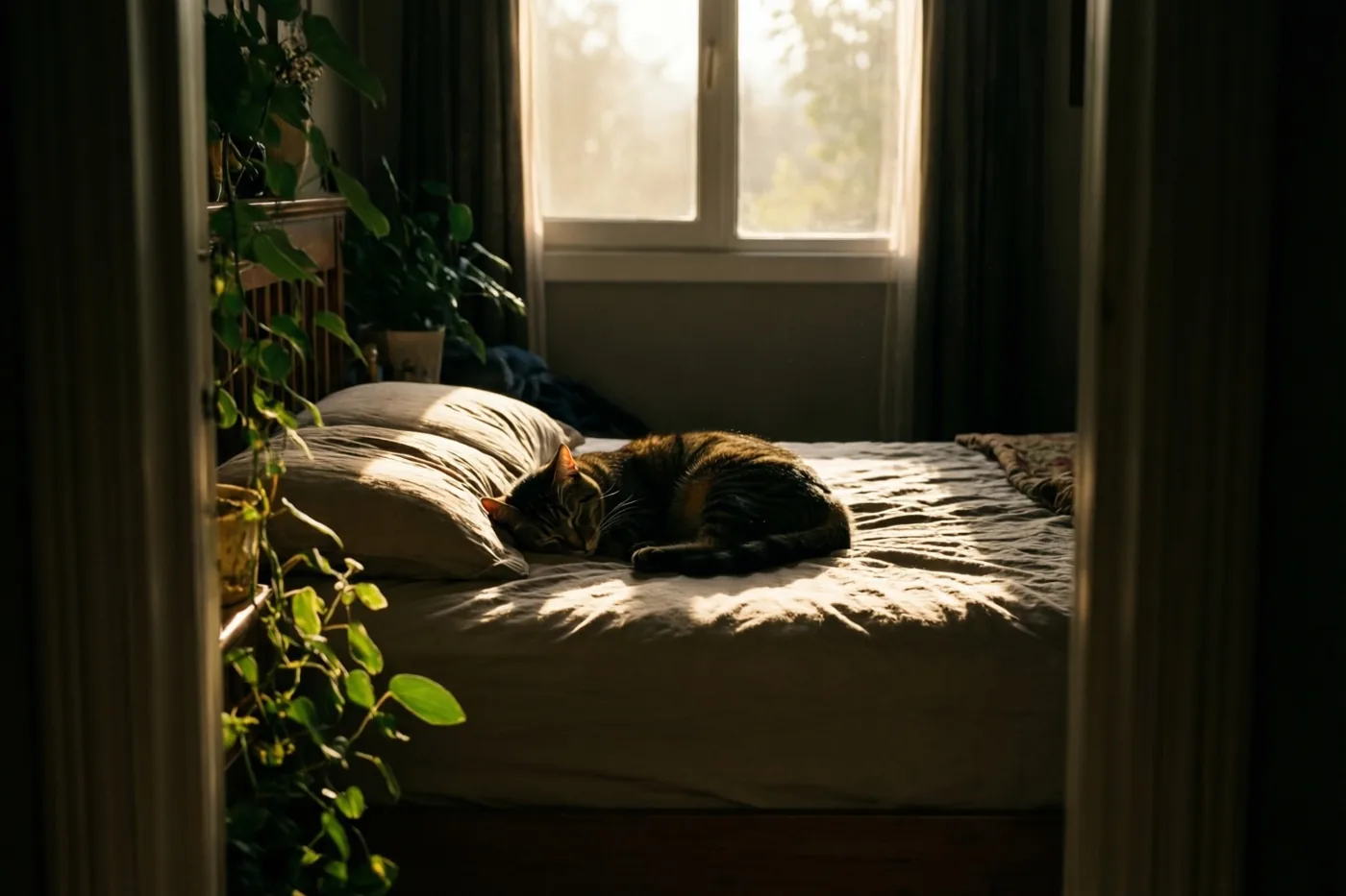 Een tijgerkat slaapt met haar kop naar beneden op een bed in een slaapkamer met groene planten en zacht ochtendlicht dat door het raam valt.