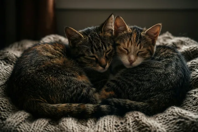 Twee gestreepte katten slapen samen opgekruld op een grijze gebreide deken met zichtbare structuur in zacht licht.