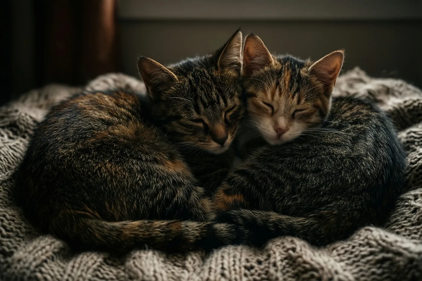 Twee gestreepte katten slapen samen opgekruld op een grijze gebreide deken met zichtbare structuur in zacht licht.