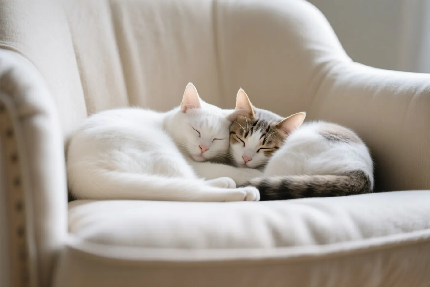 Twee katten liggen opgekruld tegen elkaar te slapen op een zachte, lichtgekleurde fauteuil.