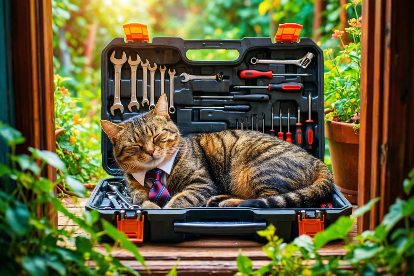 Een gestreepte kat met een das slaapt tussen het gereedschap in een open kist op een houten ondergrond buiten, omringd door groen.
