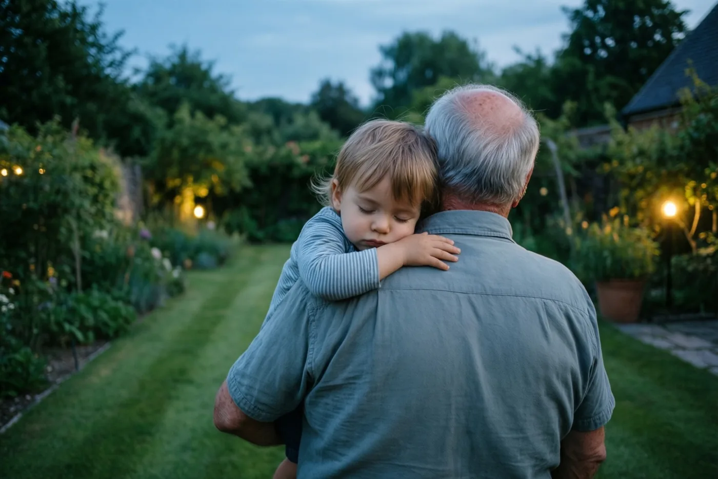 Een peuter slaapt op de schouder van een opa, van achteren gezien in een weelderige tuin bij schemerlicht, met warme lichtjes op de achtergrond en zachte groene en blauwe tinten.