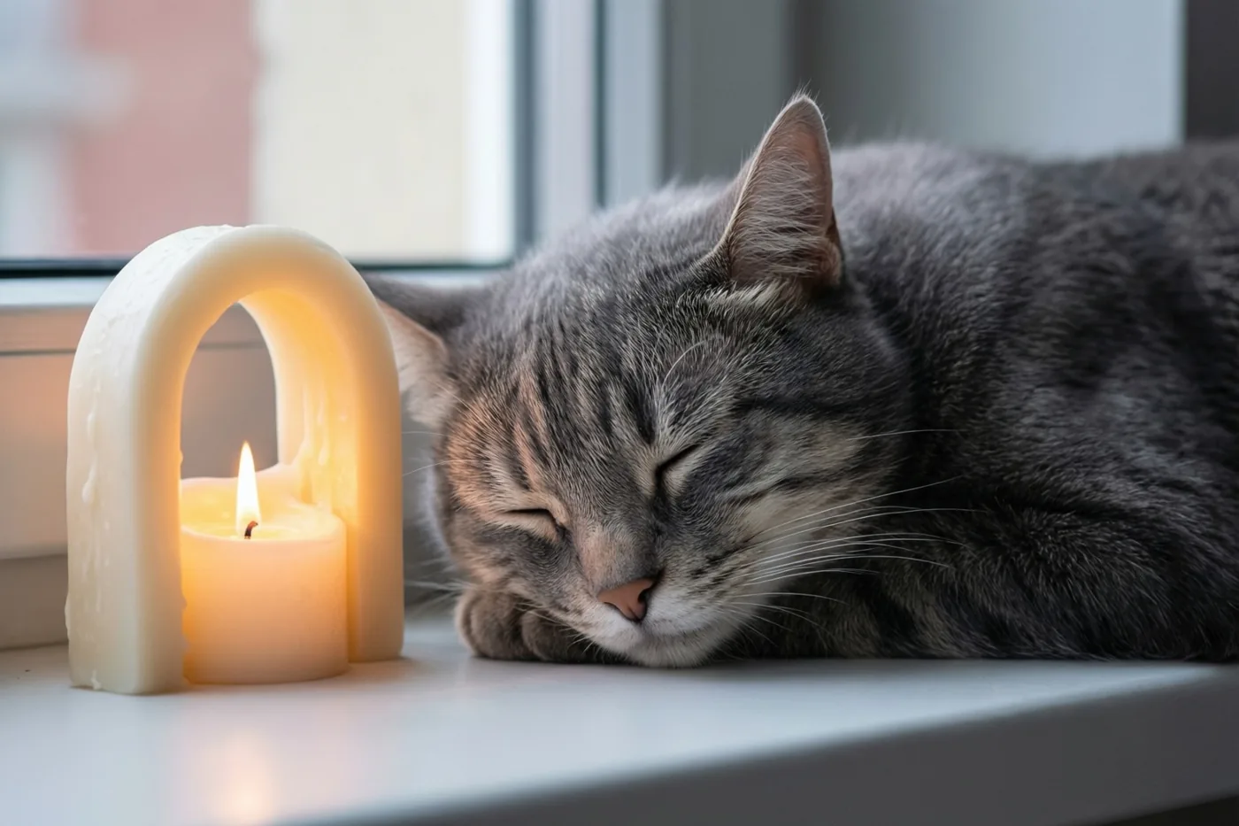 Een grijze tijgerkat slaapt op een vensterbank naast een brandende kaars in een witte kaarsenboog, in zacht en warm licht.
