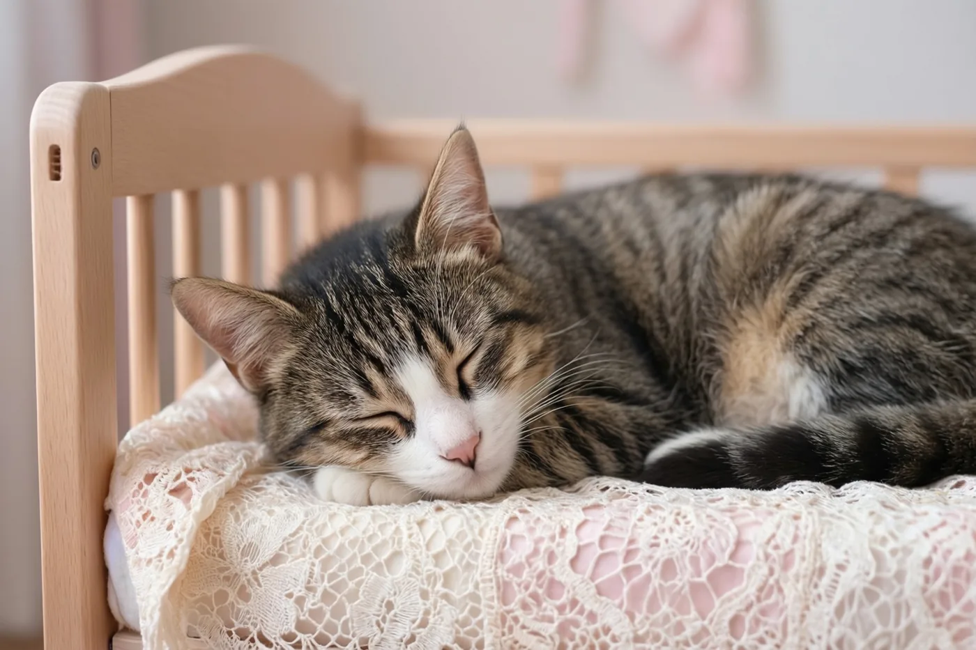 Een tijgerkat met een witte snuit slaapt in een houten wieg met een crèmekleurige kanten deken over roze stof.