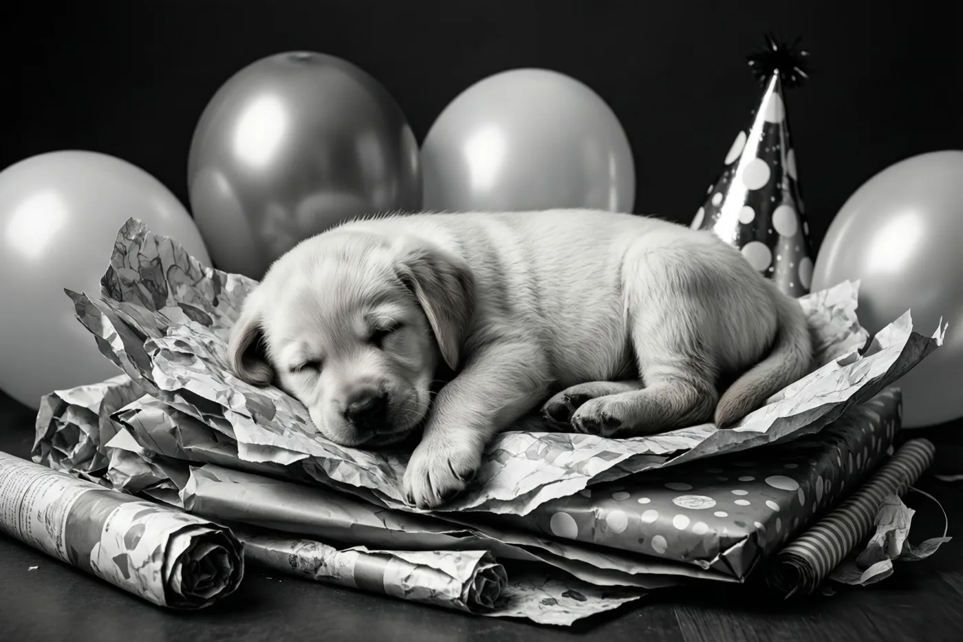 Op een zwart-witfoto slaapt een labradorpup op gescheurd inpakpapier tussen zilveren ballonnen en een feesthoedje.